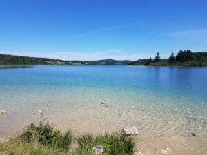 Vue panoramique sur le lac du Grand Maclu dans le Jura par une journée d'été ensoleillée. Au premier plan, une plage de sable fin et de galets calcaires borde des eaux d'une clarté exceptionnelle, passant du transparent au turquoise puis au bleu profond. Les rives boisées et les collines verdoyantes ferment l'horizon sous un ciel bleu intense.