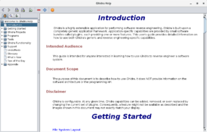 Capture d’écran de la page d’introduction du guide utilisateur de Ghidra, montrant une vue d’ensemble de l’outil de reverse engineering, incluant les sections 'Introduction', 'Public cible', 'Portée du document' et 'Avertissement'.