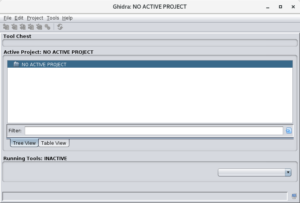 Capture d’écran de l’interface principale de Ghidra, montrant l’état "NO ACTIVE PROJECT" dans la section "Active Project", avec des options pour créer ou charger un projet, ainsi qu’une liste vide dans l’onglet "Tool Chest".