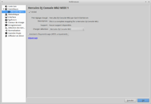 Screenshot du panneau de configuration pour la reconnaissance de la table de mixage.