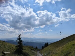 Sentier de descente du Puy de Dôme avec vue plongeante sur la plaine auvergnate, une dizaine de parapentes évoluant dans le ciel sous de beaux cumulus.