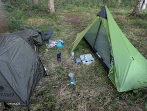 Deux tentes de bivouac légères installées en sous-bois, avec réchauds à gaz ultralight, bouteille d'eau et matériel de cuisine disposés au sol entre les abris.