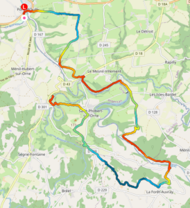 Trace GPS du deuxième jour de randonnée en Suisse Normande, au départ de Pont-d'Ouilly, décrivant une large boucle vers le sud via Saint-Philbert-sur-Orne, Bréel et La Forêt-Auvray, avec un profil altimétrique coloré du rouge pour les points bas au bleu foncé pour les points hauts.