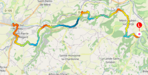 Trace GPS du troisième jour de randonnée en Suisse Normande, reliant La Forêt-Auvray à Saint-Pierre-du-Regard en passant par Ménil-Hubert-sur-Orne et Dejou, avec un profil altimétrique coloré du rouge pour les points bas au bleu foncé pour les points hauts.