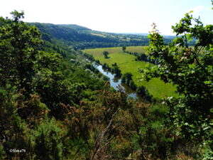 Vue plongeante depuis un belvédère boisé sur le méandre de l'Orne, encadré de falaises boisées et de prairies verdoyantes, avec un vaste panorama sur la campagne normande à l'horizon, en Suisse Normande.