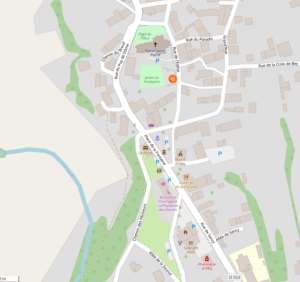 Capture d'écran du site OpenStreetMap affichant le centre du village d'Olby (Puy-de-Dôme). Un marqueur orange indique un POI sélectionné. L'icône des toilettes publiques est visible Place de la Fontaine, entourée de repères : Église Saint-Pierre, La Poste, Mairie d'Olby, Auberge de la Fontaine, Pharmacie d'Olby.
