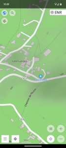 Capture d'écran de l'application OsmAnd sur smartphone, affichant une carte OSM du hameau de Valensanges avec un pictogramme bleu circulaire indiquant « La Halte Bleue », identifiée comme chambre d'hôtes. Échelle 50 m.