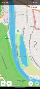 Capture d'écran OsmAnd montrant une carte OSM du secteur de Samoreau et Valvins, en bord de Seine, avec un pictogramme bleu de camping visible sur le Parc Saint-Aubin, une île fluviale. Échelle 200 m