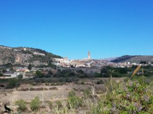 Vue panoramique sur la ville de Viver, dominée par un haut clocher octogonal de style baroque mudejar, blottie entre deux collines rocheuses, avec des éoliennes sur les crêtes et une végétation méditerranéenne au premier plan
