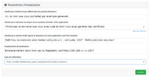 Capture d'écran du formulaire de paramètres d'installation d'une application Redirect sur YunoHost, avec les champs libellé, domaine, chemin URL, emplacement de destination et type de redirection en proxy NGINX