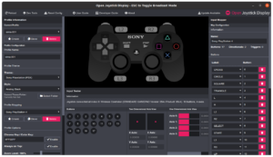 Capture d'écran du logiciel Open Joystick Display affichant un contrôleur Sony PlayStation 4 en thème Analog Black, avec les panneaux de configuration de profil, de mapping des boutons et de test des entrées joystick.