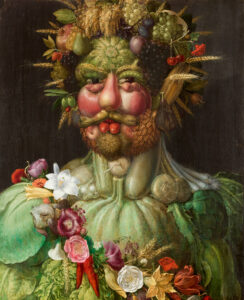 Peinture à l'huile d'Arcimboldo représentant un visage humain entièrement composé de fruits, légumes, fleurs et épis de céréales, portrait allégorique de l'empereur Rodolphe II en dieu Vertumne.