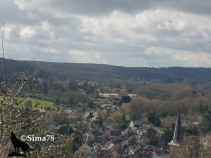 Vue panoramique plongeante sur le village de Chevreuse et sa vallée boisée, avec les toits des maisons, le clocher de l'église et les collines boisées en arrière-plan, sous un ciel nuageux. Photo ©Sima78.
