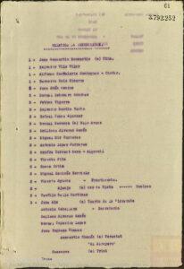 Document dactylographié jauni, page 61 référencée 3.792.252, intitulé Relación de Denunciados, listant des noms de personnes dénoncées avec numéros de catégorie et parfois profession ou surnom, issu du fonds Causa General des Archives nationales espagnoles