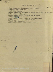 Page 244 d'un document dactylographié jauni intitulé Dorso que se cita, issu du fonds Causa General des Archives nationales espagnoles, listant neuf personnes dénoncées dont Bernardo Saiz Navarro, avec mentions de surnoms et d'une incarcération à la Carcel Modelo