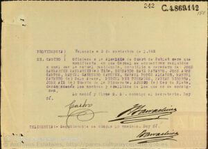 Page 242, cote C.4869.142, document officiel dactylographié intitulé Providencia, daté de Valencia le 3 novembre 1942, signé par le Sr. Castro et le Secretario, ordonnant à la mairie de Cuart de Poblet de localiser les domiciles et lieux de détention de dix personnes dénoncées dont Bernardo Saiz Navarro, issu du fonds Causa General des Archives nationales espagnoles