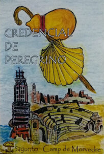 Couverture aquarellée d'une credencial de peregrino (carnet de pèlerin) illustrant le théâtre romain et le château de Sagunto, avec une coquille Saint-Jacques jaune et un bourdon de pèlerin, et la mention "Sagunto - Camp de Morvedre".