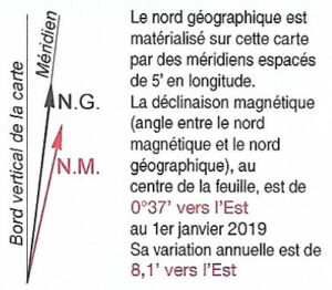 Schéma annoté illustrant la déclinaison magnétique : deux flèches partant d'un même point matérialisent le nord géographique (N.G., flèche noire alignée sur le méridien) et le nord magnétique (N.M., flèche rouge décalée vers l'est), avec le bord vertical de la carte en référence. Le texte indique une déclinaison de 0°37' Est au 1er janvier 2019, avec une variation annuelle de 8,1' vers l'Est.