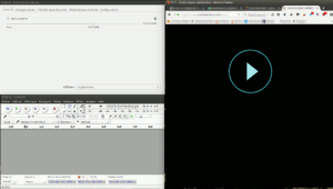 Capture d'écran d'un bureau Linux avec le logiciel Audacity, le contrôle du volume PulseAudio et une vidéo en attente dans Firefox.