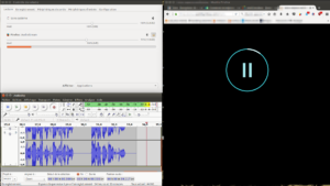 Alt : Capture d'écran montrant un enregistrement audio en cours dans Audacity, avec Firefox lisant une vidéo et PulseAudio affichant le flux audio actif.