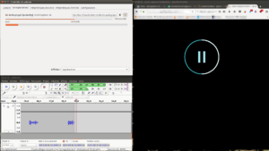 Alt : Capture d'écran d'un enregistrement Audacity sous Linux avec PulseAudio sur l'onglet Enregistrement, montrant les formes d'ondes dans la piste stéréo.