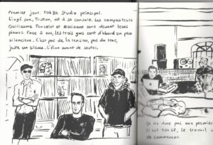 Double page intérieure de l'album Éphémère, illustrée en bande dessinée noir et blanc, montrant Gaël Faye, Grand Corps Malade et Ben Mazué avec l'ingénieur du son et les compositeurs lors du premier jour en studio