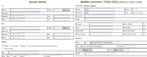 Capture d'écran du logiciel Geneweb montrant deux formulaires : « Ajouter famille » et « Modifier personne ».