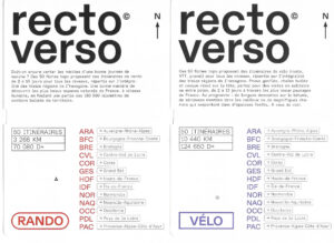 Deux fiches topo Recto Verso photographiées côte à côte, montrant leur face avant respective : la fiche Rando à gauche (50 itinéraires, 3 268 km, 70 080 D+) et la fiche Vélo à droite (50 itinéraires, 10 440 km, 124 650 D+), avec l'index des 13 régions couvertes