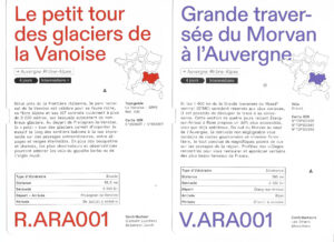 Deux fiches topo Recto Verso côte à côte : à gauche la fiche R.ARA001 « Le petit tour des glaciers de la Vanoise » (Rando, 58,5 km, boucle) et à droite la fiche V.ARA001 « Grande traversée du Morvan à l'Auvergne » (Vélo gravel, 285 km, itinérance)
