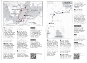 Verso des fiches R.ARA001 et V.ARA001 présentant chacune une carte détaillée du tracé, la description numérotée des étapes avec distances et dénivelés cumulés, ainsi que des rubriques complémentaires (variantes, accès, anecdote) et un QR code pour télécharger le tracé GPX