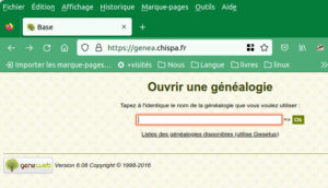 Capture d'écran de l'interface d'accueil du logiciel GeneWeb version 6.08, accessible via le navigateur Firefox à l'adresse genea.chispa.fr, avec un champ de saisie pour ouvrir une base généalogique