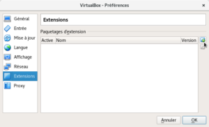 Interface des préférences de VirtualBox : onglet Extensions avec une liste vide de paquets d'extension.