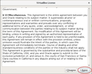 Fenêtre de l'accord de licence pour Oracle VM VirtualBox, affichant les termes et conditions d'utilisation.