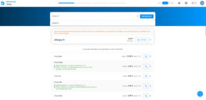 Capture d'écran du shop Infomaniak avec une recherche du domaine chispa.fr, affichant un message orange indiquant que le domaine est déjà réservé avec un bouton "Transférer" au prix de 6,49 €, suivi d'une liste de domaines alternatifs disponibles à l'achat (chispa.dev, chispa.shop, chispa.art, chispa.site, chispa.tech).