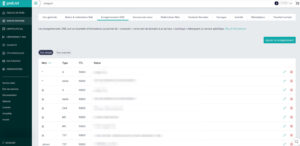 Capture d'écran de l'interface Gandi.net, onglet "Enregistrements DNS" du domaine chispa.fr, affichant la liste des enregistrements existants (types A, AAAA, CAA, MX, TXT, _dmarc) avec leurs TTL à 10800, valeurs floutées, en vue simple.