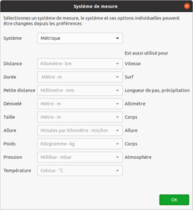Capture d'écran de la boîte de dialogue « Système de mesure » de MyTourbook, permettant de choisir le système métrique et de configurer les unités de distance, durée, dénivelé, poids, pression et température.