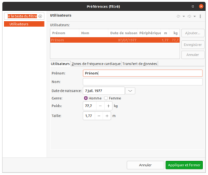 Capture d'écran de la fenêtre « Préférences » de MyTourbook, onglet Utilisateurs, affichant le formulaire de saisie du profil personnel : prénom, nom, date de naissance, genre, poids et taille.