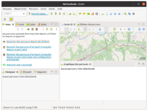 Capture d'écran de l'interface principale de MyTourbook 21.6.1 montrant le panneau d'importation de parcours à gauche et une carte 2D de la région de Sion-Sierre-Visp (Valais, Suisse) à droite, sans parcours sélectionné.