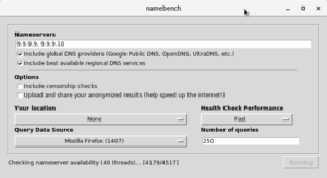 Capture d’écran de l’outil Namebench, un logiciel open source utilisé pour évaluer et comparer les performances des serveurs DNS, avec des options de configuration pour inclure des fournisseurs globaux ou régionaux, des vérifications de censure, et une analyse de la rapidité des requêtes DNS.