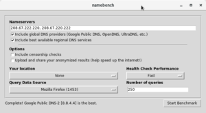 Capture d’écran de Namebench, un outil pour tester et comparer les performances des serveurs DNS (comme Google Public DNS, OpenDNS, etc.).