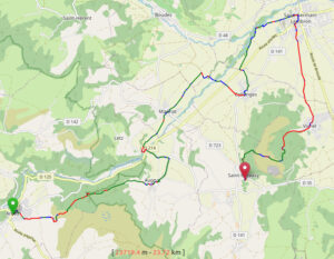 Carte topographique d'un itinéraire de randonnée de 23,72 km dans le Puy-de-Dôme, tracé en rouge, vert et bleu entre Ardes et Saint-Germain-Lembron.