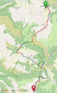 Carte topographique d'un itinéraire de randonnée de 16,87 km dans le Puy-de-Dôme, tracé en rouge, vert et bleu entre Saint-Gervazy et Blesle.