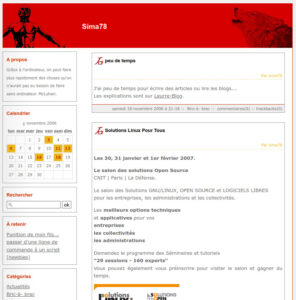 Capture d'écran du blog Sima78, interface rouge et noire avec articles sur Linux et l'Open Source, novembre 2006