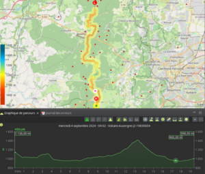 Carte GPX et profil altimétrique du Jour 2 du GR441, tracé nord-sud le long de la Chaîne des Puys sur environ 19 km, avec un point culminant vers 1 500 m et une arrivée à 998 m.