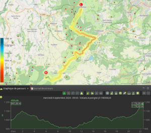 Carte GPX et profil altimétrique du Jour 3 du GR441, tracé en forme de boucle vers le nord sur environ 22 km, avec des variations d'altitude répétées entre 950 m et 1 176 m.