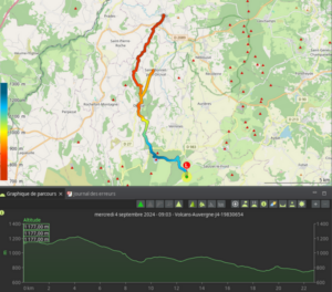 Carte GPX et profil altimétrique du Jour 4 du GR441, tracé orienté nord-sud sur environ 22 km, avec une descente marquée depuis 1 177 m jusqu'à environ 650 m avant une remontée finale.
