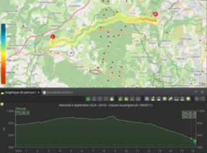 Carte GPX et profil altimétrique du Jour 6 du GR441, tracé orienté ouest-est sur environ 16 km, avec une descente progressive et marquée depuis 772 m jusqu'à 504 m, bouclant le tour des Puys.