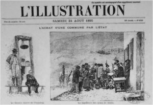 Reproduction de la une du journal L'Illustration du 24 août 1895, présentant deux gravures illustrant la vente de la commune de Chaudun à l'État : à gauche, le dernier maire sous la cloche du village ; à droite, la signature des actes de vente.