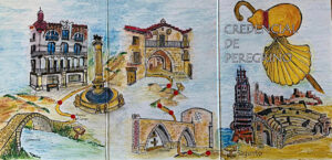 Pages intérieures aquarellées de la credencial de peregrino du Camino de Sagunto, présentées en triptyque : à droite la couverture avec le théâtre romain et la coquille Saint-Jacques, au centre et à gauche une carte illustrée à la main du tracé depuis Sagunto jusqu'à Calamocha, avec les étapes Torres Torres, Soneja, Segorbe, Jérica, Barracas, Santo, La Puebla de Valverde, Teruel, Monreal del Campo, Cella et Calamocha, illustrées de monuments locaux dessinés à l'aquarelle.