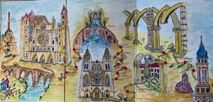 Double page aquarellée de la credencial du Camino de Sagunto montrant le tracé de Calatayud à León, avec les étapes Almenar de Soria, Soria, Abejar, San Leonardo de Yagüe, Cervera de la Cañada, Santo Domingo de Silos, Covarrubias, Burgos, Tardajos, Hornillos del Camino, Castrojeriz, Puente Fitero, Boadilla del Camino, Frómista, Carrión de los Condes, Sahagún, El Burgo Ranero, Mansilla de las Mulas, Hospital de Órbigo et León, illustrées des cathédrales de Burgos et León, du canal de Frómista et des arches romanes de Soria.